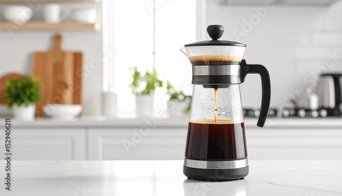 A transparent stovetop coffee maker sits on a marble countertop, showcasing the dark brew within against a blurred modern kitchen backdrop in a bright home.
