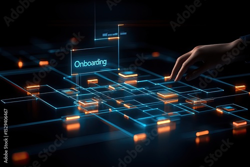 A hand interacts with a glowing, interconnected network of digital blocks.  The word 