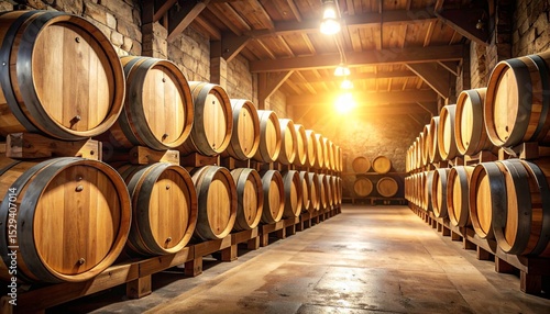 Rows of oak barrels filled with aging wine rest in the dimly lit cellar of a winery, creating a rustic and traditional atmosphere for sto fine wines.