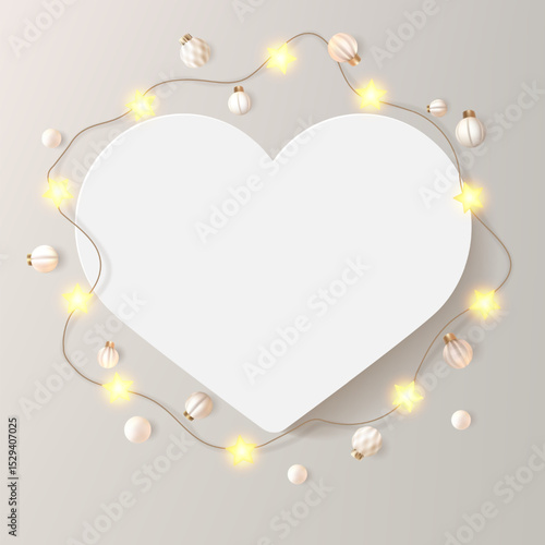 Heart shape picture frame. White card with wreath of shiny star light bulbs and balls. Love message, soft beige festive luxury bg. Realistic photo mockup, decorated with Christmas garland.