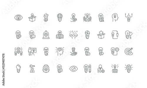 Light bulb and key, gear and money thin black outline symbols vector illustration. Creative idea, smart solution search and brainstorm, evolution of innovation and invention line icon set.