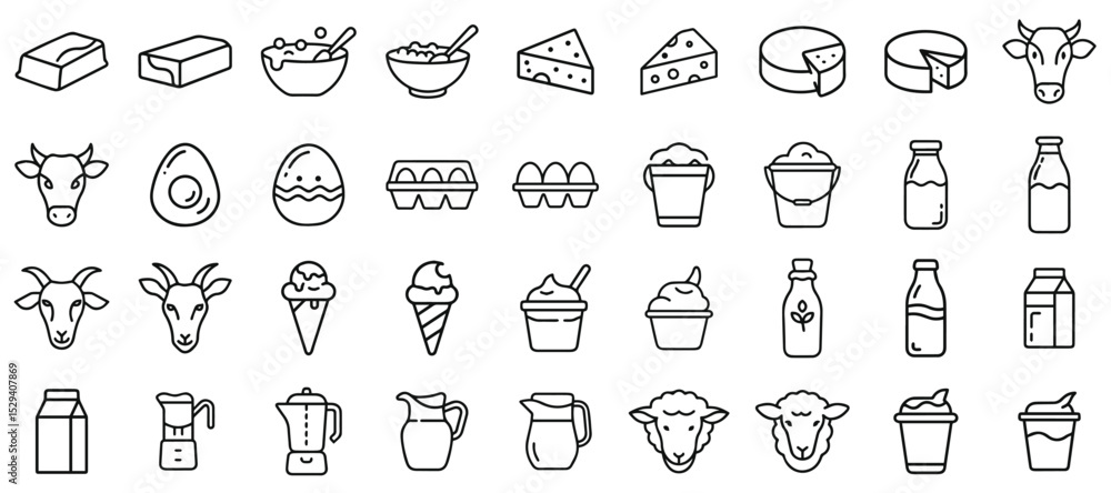 Simple Line Art Icons Representing Dairy and Related Products. A collection of simple, black line art icons depicting various dairy products and related items, such as butter, cheese, eggs, milk, yogu Simple Line Art Icons Representing Dairy and Related Products. A collection of simple, black line art icons depicting various dairy products and related items, such as butter, cheese, eggs, milk, yogu