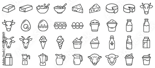 Simple Line Art Icons Representing Dairy and Related Products. A collection of simple, black line art icons depicting various dairy products and related items, such as butter, cheese, eggs, milk, yogu