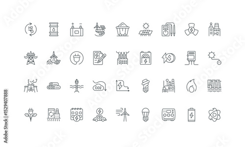 Charge station of electric car, battery, oil barrel and coal thin black symbols vector illustration. Power energy plant, electricity production, types of renewable generators line icon set.