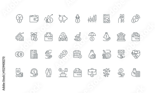 Passive income and cryptocurrency, millionaire wealth thin black outline symbols vector illustration. Finance income, pension and deposit, financial margin, expenses and budget line icon set.