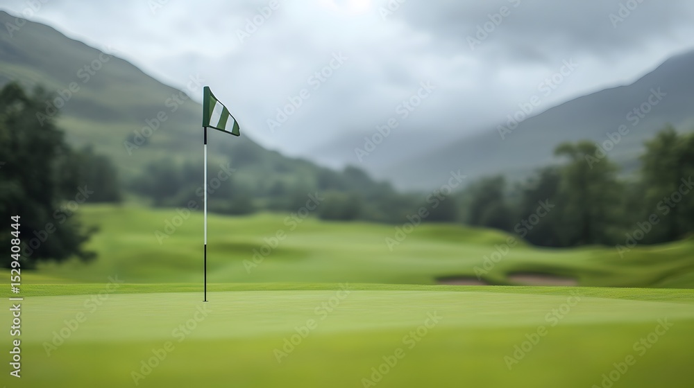 Obraz premium green golf background with blurred flag and hills