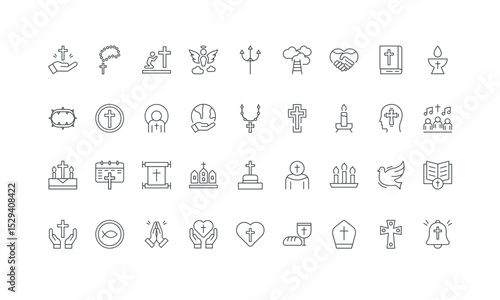 Bible and cross, altar and rosary, lent thin black outline symbols vector illustration. Christian religion, religious community and holidays celebration, hope and belief in God line icon set.