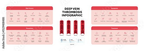 Deep vein thrombosis for healthcare infographic. Vector outline icon set illustration. Risk factor, symptoms, prevention and treatment of DVT. Blood vessel chart. Design for health care, education