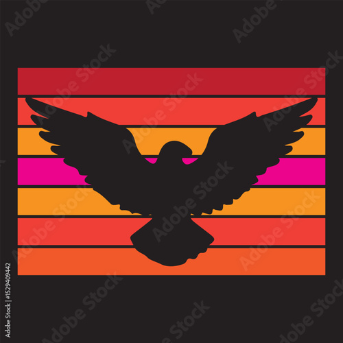 Silhouette of a bird in flight against a retro sunset