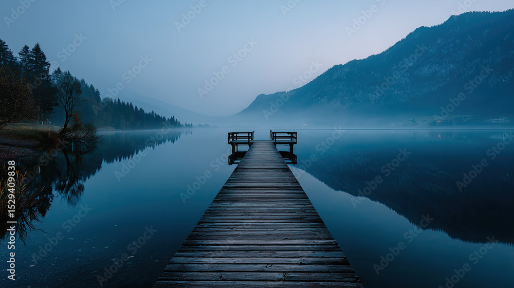 Fototapeta premium Dawn Mist Over Mountain Lake Pier with Cool Blue Tones and Subtle Grain