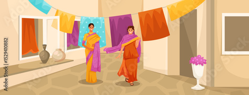 Two indian women in sarees walking in a courtyard with hanging fabrics, flat cartoon style, outdoor background. Concept of tradition. Vector illustration
