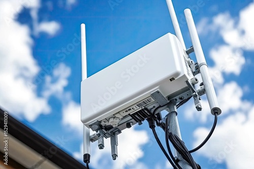 Wireless communication device mounted on a pole against a partly cloudy sky