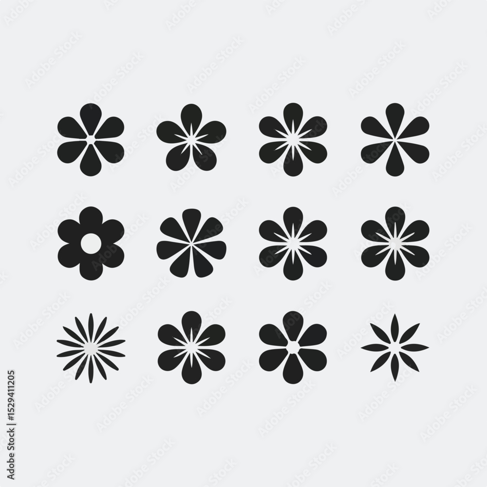 Minimal Flower Icons Set - Black Floral Silhouette Vector Collection
Minimal Flower Icons Set - Black Floral Silhouette Vector Collection
