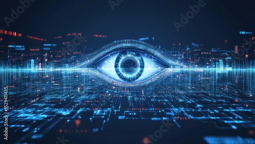 Digital eye within a complex network of glowing lines and data streams