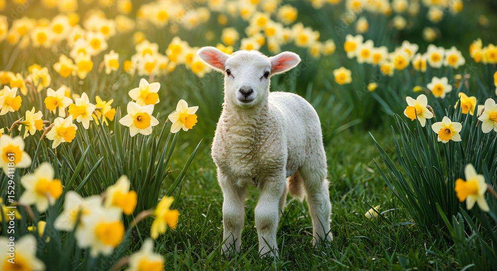 Fototapeta premium Lamb in daffodil field