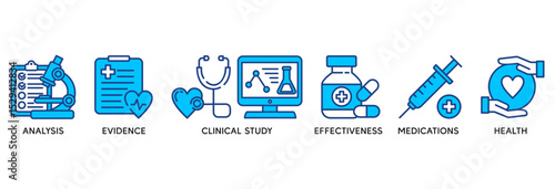 Clinical research icon set vector illustration concept relate to analysis, evidence, clinical study, effectiveness, medications and health