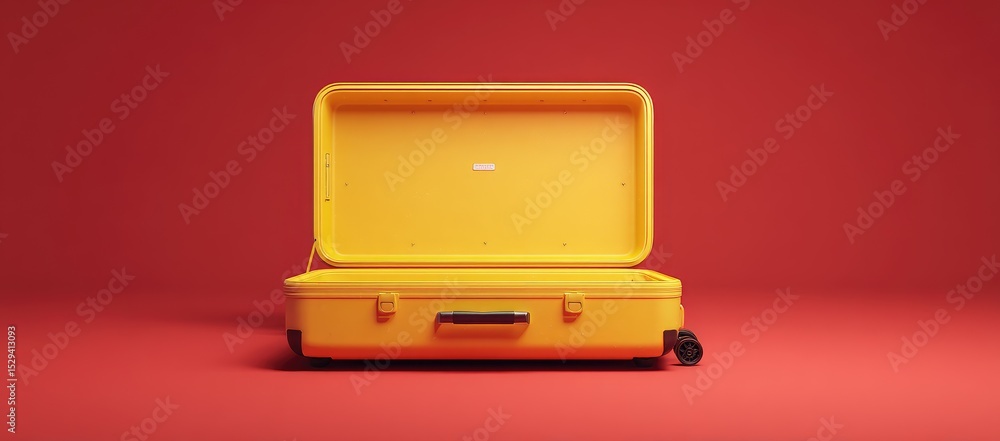 Empty bright yellow suitcase on red background (1) Empty bright yellow suitcase on red background (1)