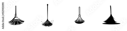 Various styles of black icons depicting brooms in different postures against a plain background, showcasing cleaning tools in unique designs
