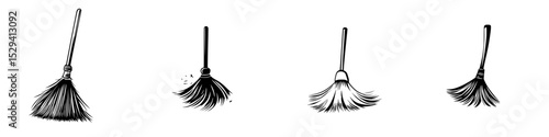 Set of black icons depicting a broom in various states of use for cleaning and tidying activities