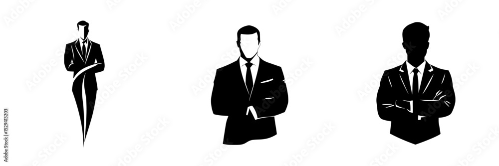 Stylish black icons of men in suits representing professionalism and elegance in various poses Stylish black icons of men in suits representing professionalism and elegance in various poses