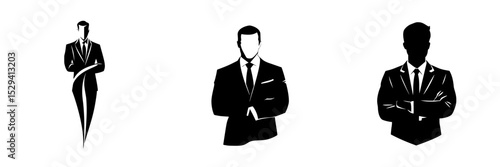Stylish black icons of men in suits representing professionalism and elegance in various poses
