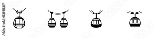 Set of black icons representing different styles of cable cars over various terrains