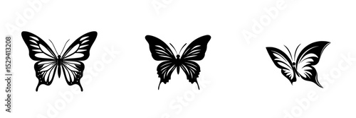 Set of three black butterfly icons showcasing intricate wing designs for artistic or decorative use