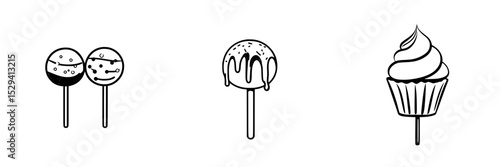 Black icon illustrations of sweets featuring lollipops, a dripping cake pop, and a frosted cupcake displayed together
