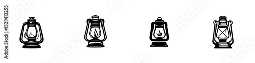 Set of black icons depicting various vintage lantern designs for decorative or illustrative purposes
