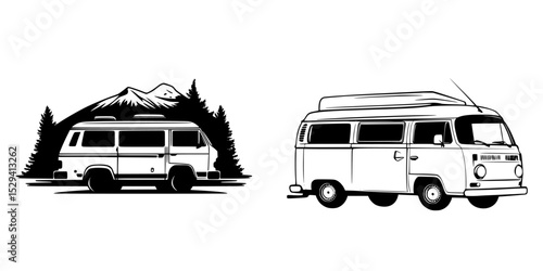 Vintage camper van illustrations showcasing outdoor adventure and travel vibes in nature