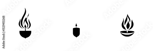 Detailed black icon set featuring various candle flames in simple designs for versatile use in digital projects