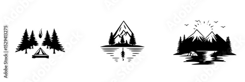 Set of black icons depicting camping, mountains, and lakes with trees and wilderness elements