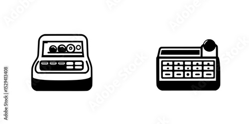 Set of black icons depicting classic cash registers designed for modern digital applications