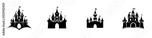 Black silhouette icons of various castle designs with flags and towers suitable for themes and decorations