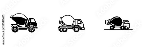 Set of black concrete mixer truck icons for construction and building industry