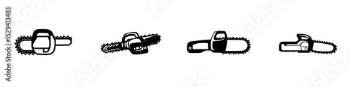Black icon set of chainsaws in various orientations showcasing distinct styles and features