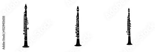 Set of black clarinet icons in different orientations showcasing musical instruments in a creative design