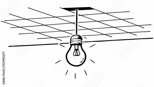 Vintage Black and White Vintage glowing light bulb hangs from gridded ceiling, creating warm ambiance