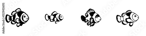 Illustration of four black icons of various clownfish in different sizes, showcasing their playful expression and unique features