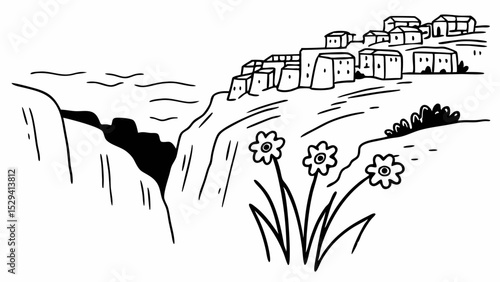 Vintage Black and White hillside town in Matera, Italy, is perched atop rocky landscape with flowers blooming nearby