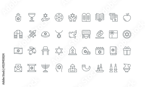 Covenant tablets, meals and gift of religious holidays, kippah thin black outline symbols vector illustration. Jewish religion, Judaism, prayer in synagogue, flag of Israel line icon set.