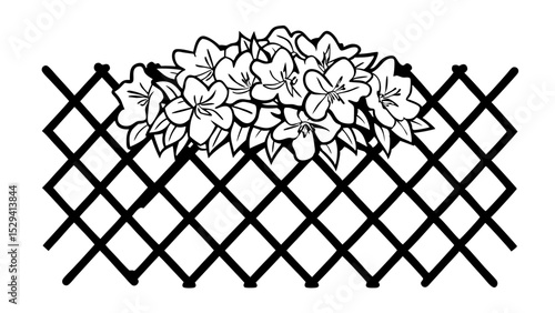 Vintage Black and White Lattice fence with blooming flowers creates charming garden scene