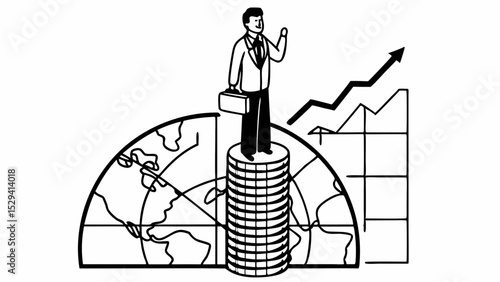 Vintage Black and White businessman stands on stack of coins, symbolizing global finance and growth