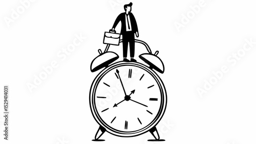Vintage Black and White miniature businessman stands atop vintage alarm clock, symbolizing time management
