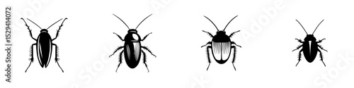 Collection of black icons depicting various types of cockroaches suitable for graphic design or educational resources