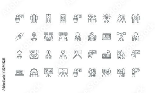 Speaker at podium, online conference, discussion thin black symbols vector illustration. Business meeting for company training and presentation, lecture to audience, seminar line icon set.