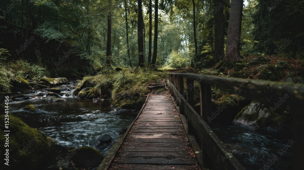 Fototapeta premium Serene Forest Bridge: A Tranquil Walk Through Nature
