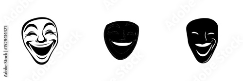 Set of black icons representing theatrical masks, symbolizing comedy, drama, and expression in performing arts