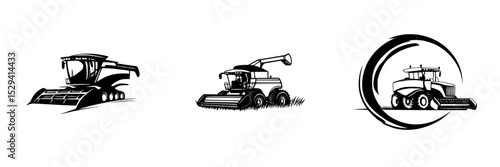 Black icons of agricultural machinery showcasing different types of harvesters for diverse farming applications