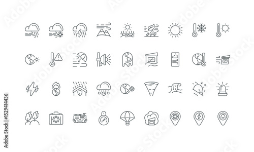 Help with house in flood, hurricane and tsunami, storm thin black and red symbols vector illustration. Extreme weather, natural disasters due to global climate change, safety of people line icon set
